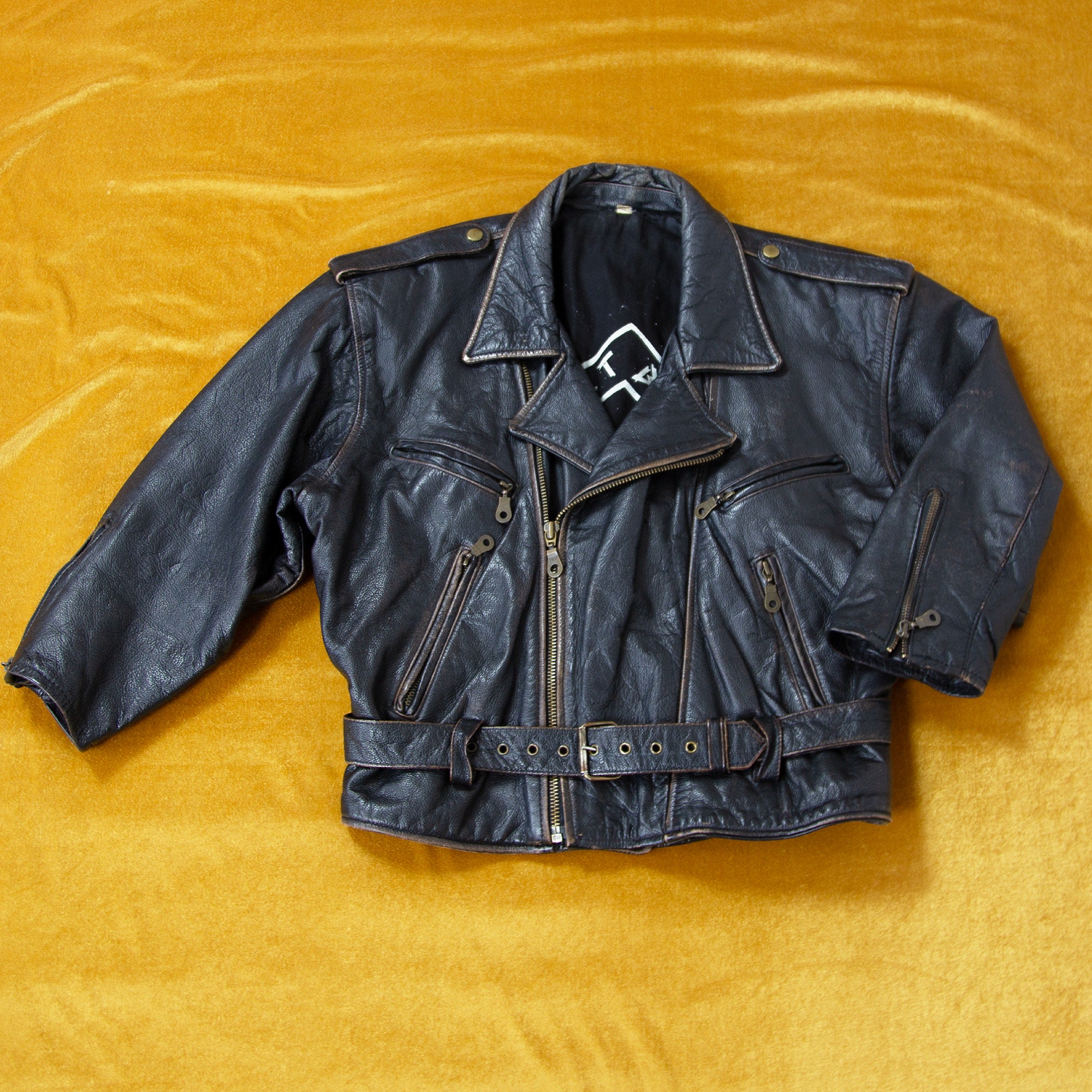 Vintage 90s Black Real Leather Man Short Jacket With Belt Vintage 90s Black Real Leather Man Short Jacket With Belt