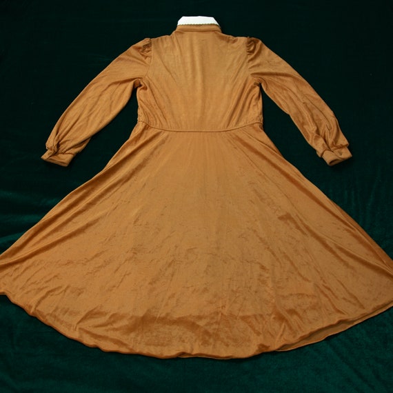 Vintage 70s Light Brown Velvet Skater Dress White Collar Long