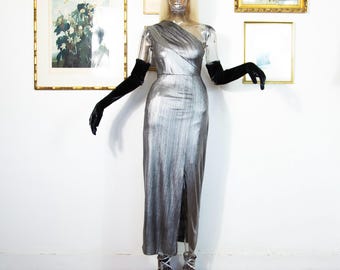 Vintage 1980s Silver One Shoulder Gown | Metallic Disco Style Evening Wear UK 8 S