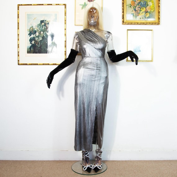 Vintage 1980s Silver One Shoulder Gown | Metallic Disco Style Evening Wear UK 8 S