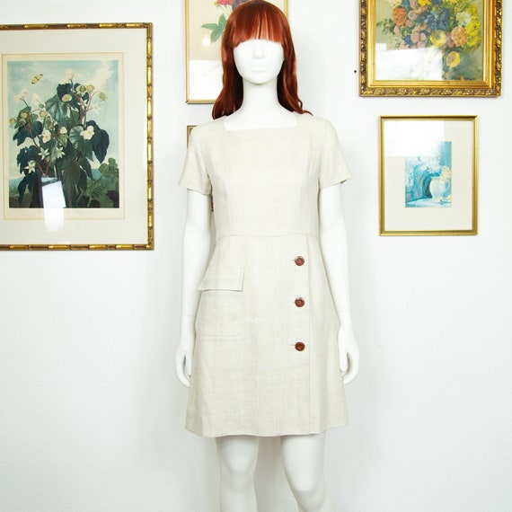 Vintage 1960s Off White Linen Mini Dress Short Sl… - image 3