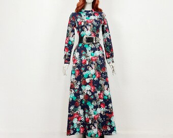 Vintage 90s Dark Blue Floral Maxi Long Denim Dress Fit & Flare Long Sleeves Size S UK 8