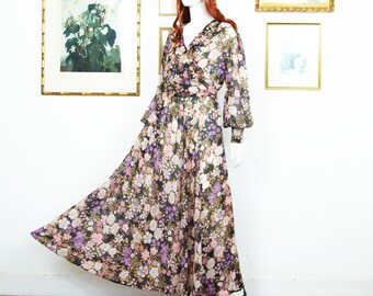 Vintage 1970s Floral Maxi Boho Dress Fit & Flare Puffed Sleeves Sheer Size M UK 12