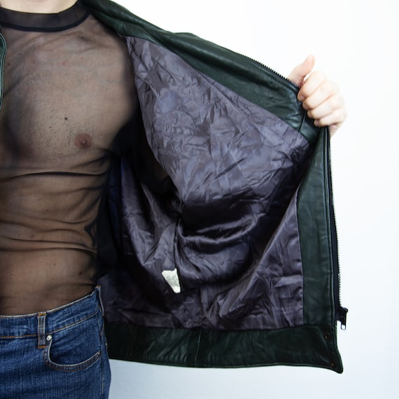 Vintage 80s Dark Green Real Leather Oversized Jacket Puffed