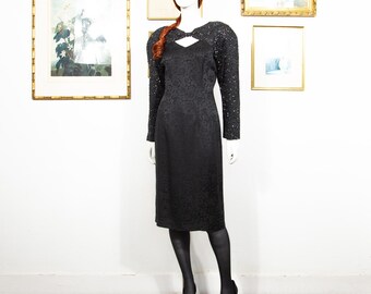 Vintage 80s Black Silk Beaded Dress - Shoulder Pads, Heart Shape, Size S
