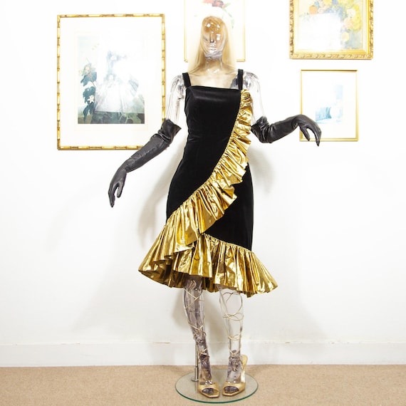 Vintage 1980s Black Velvet Mini Evening Party Dress Gold Ruffle