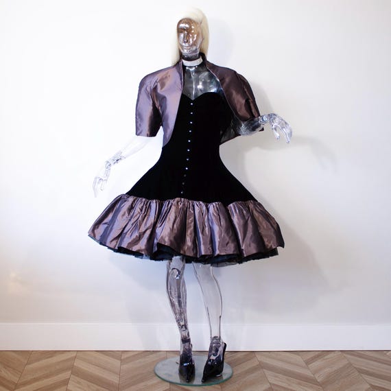 Vintage Scaraonati Black Velvet Purple Silk Taffeta Dress Bolero Set UK 8-10/US 4-6