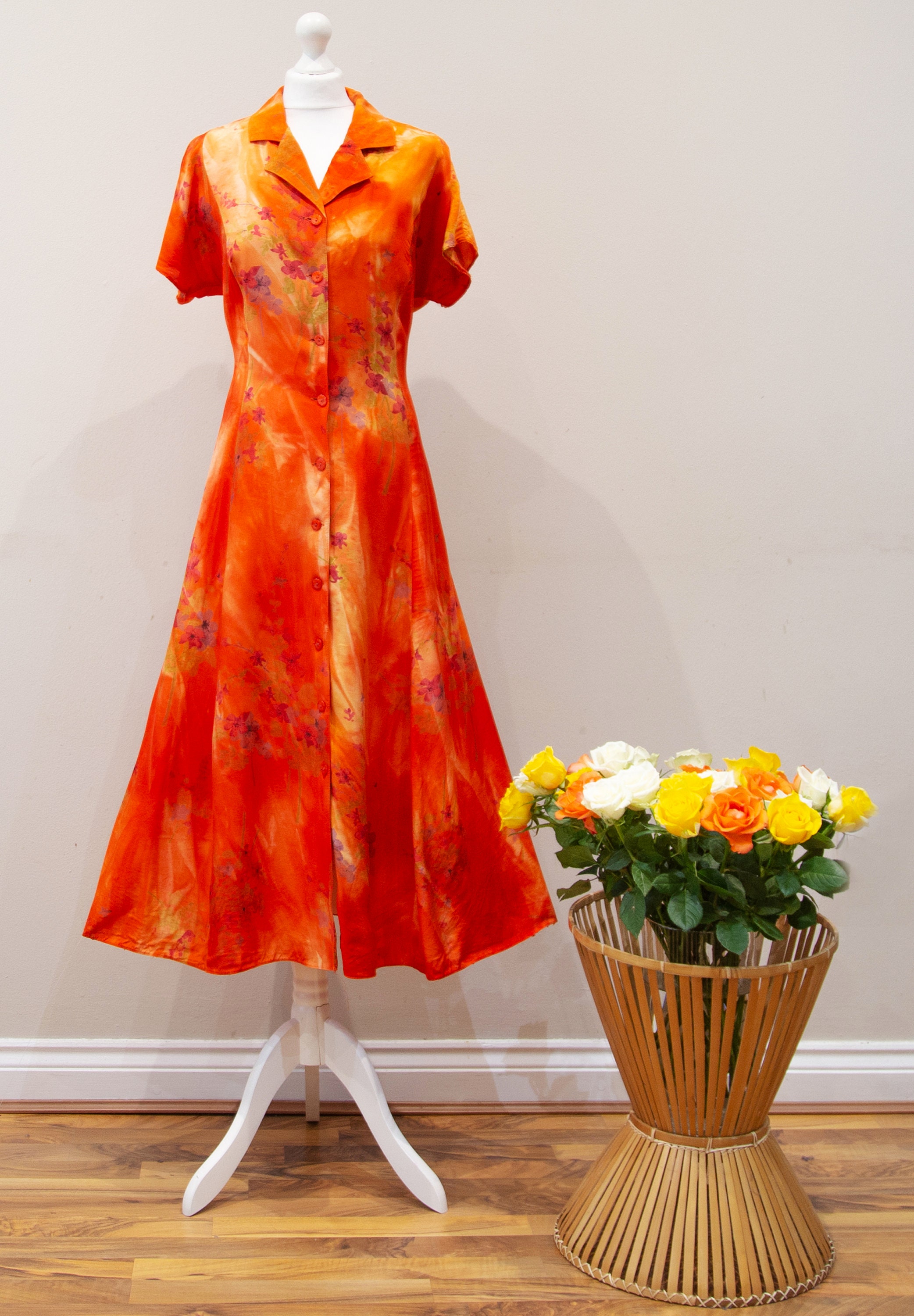 Vintage 70s Orange Shirt Dress Floral Fit & flare Short Etsy