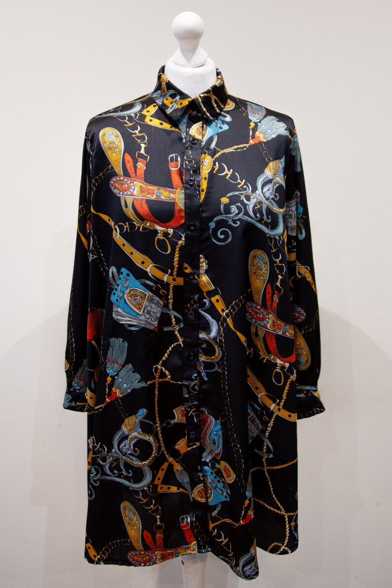 Vintage 80s Baroque Print Black Blouse Oversized Long Button Up Size L