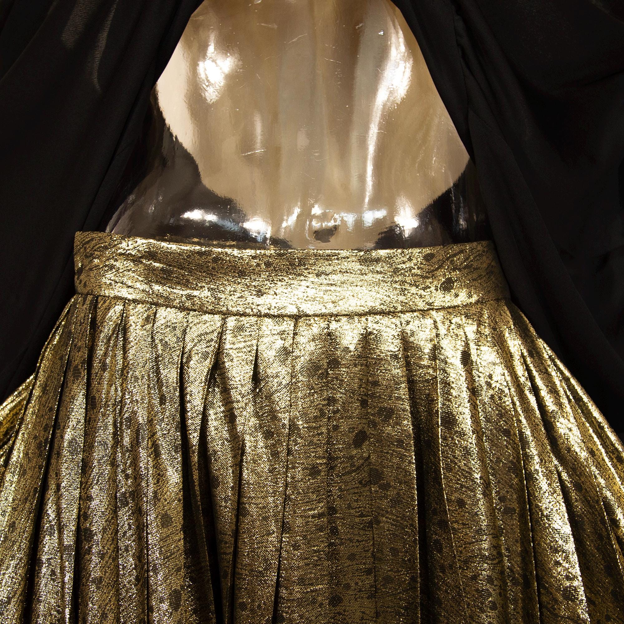 Vintage 1980s Christian Dior Gold Metallic Pleated Skirt Lamé Silk
