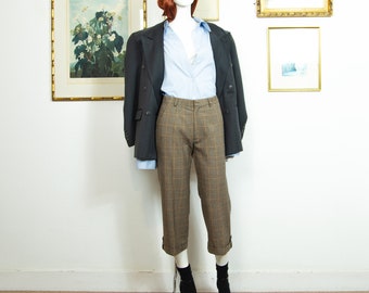 Vintage 1990s Light Brown Check Crop Trousers Slim Fit Size S UK 10 28"