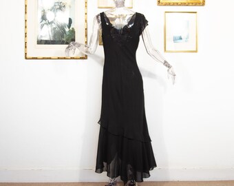 Vintage 90s Black Chiffon Evening Dress, Asymmetrical Ruffle Hem