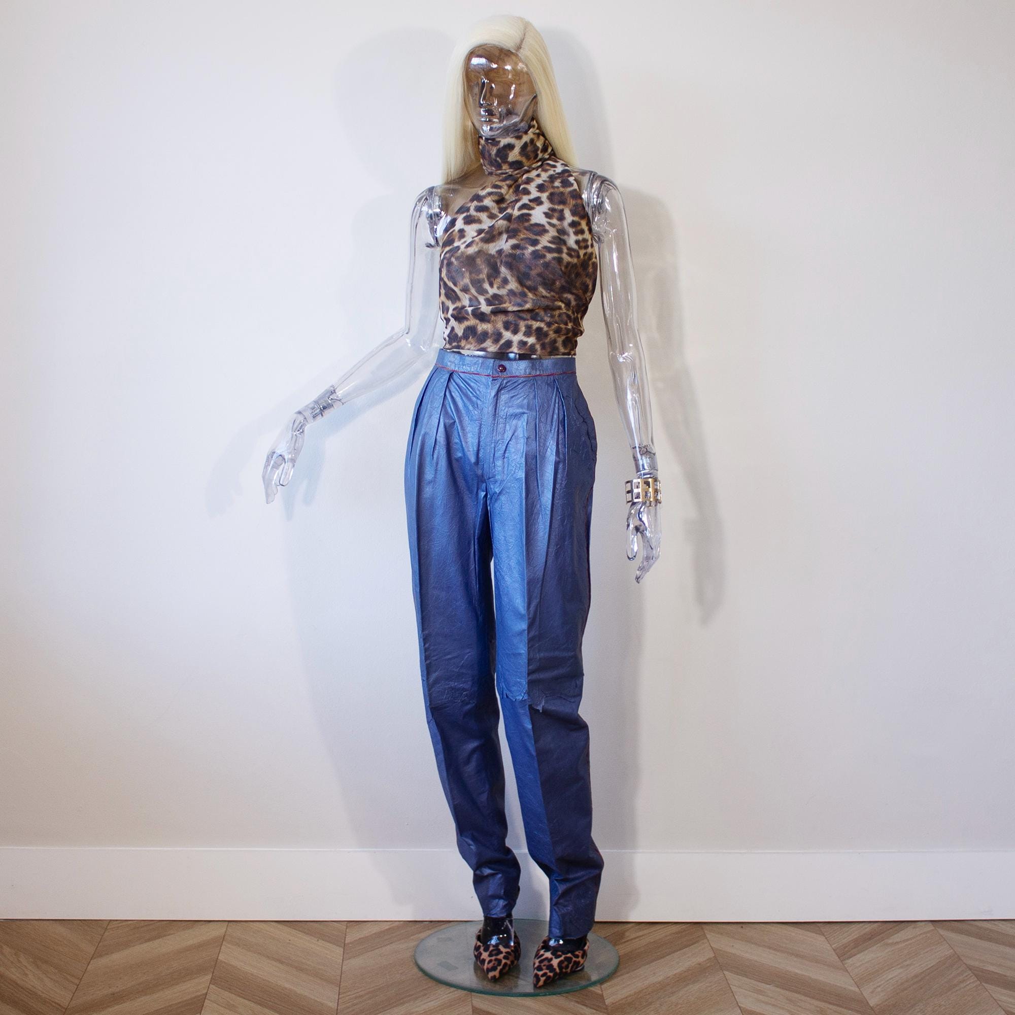 Roberto Cavalli, Vintage 1980s Roberto Cavalli Blue Leather High Waisted Trousers UK