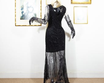 1990s Black Beaded Evening Gown - Vintage Sleeveless Lace Maxi Dress (UK 12 Medium)