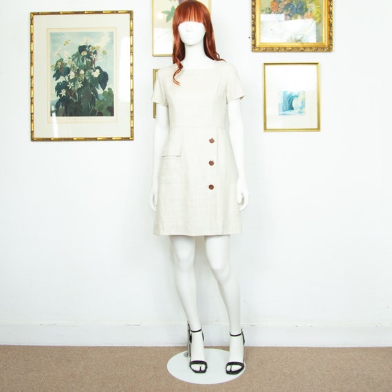 Vintage 1960s Off White Linen Mini Dress Short Sl… - image 1
