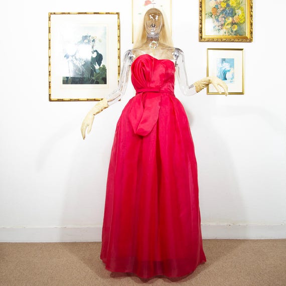 Vintage 80s Fuchsia Organza Ball Gown: Strapless Bow Evening Dress, UK 10