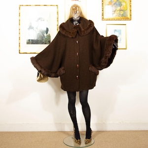 Vintage 1960s Brown Wool Maxi Knitted Cape With Hood Fur Trim And Pockets One Size Fit Most