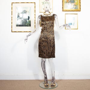 Vintage 1990s Zebra Printed Beige Black Mini Satin Dress Sleeveless Glam Size M UK 14