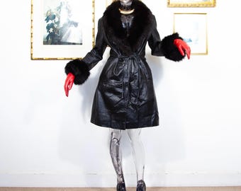 Vintage 90s Black Leather Coat YES London Faux Fur Trim Belted Size M