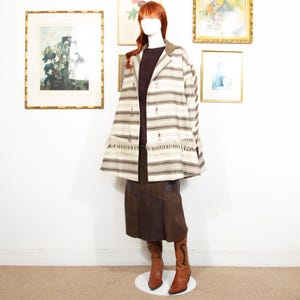 Vintage 70s White Brown Striped Wool Cape Coat With Hood And Sleeves Size M