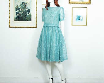 Vintage 1980s Blue Midi Lace Dress With Short Sleeves And Shoulder Pads Size S UK 8