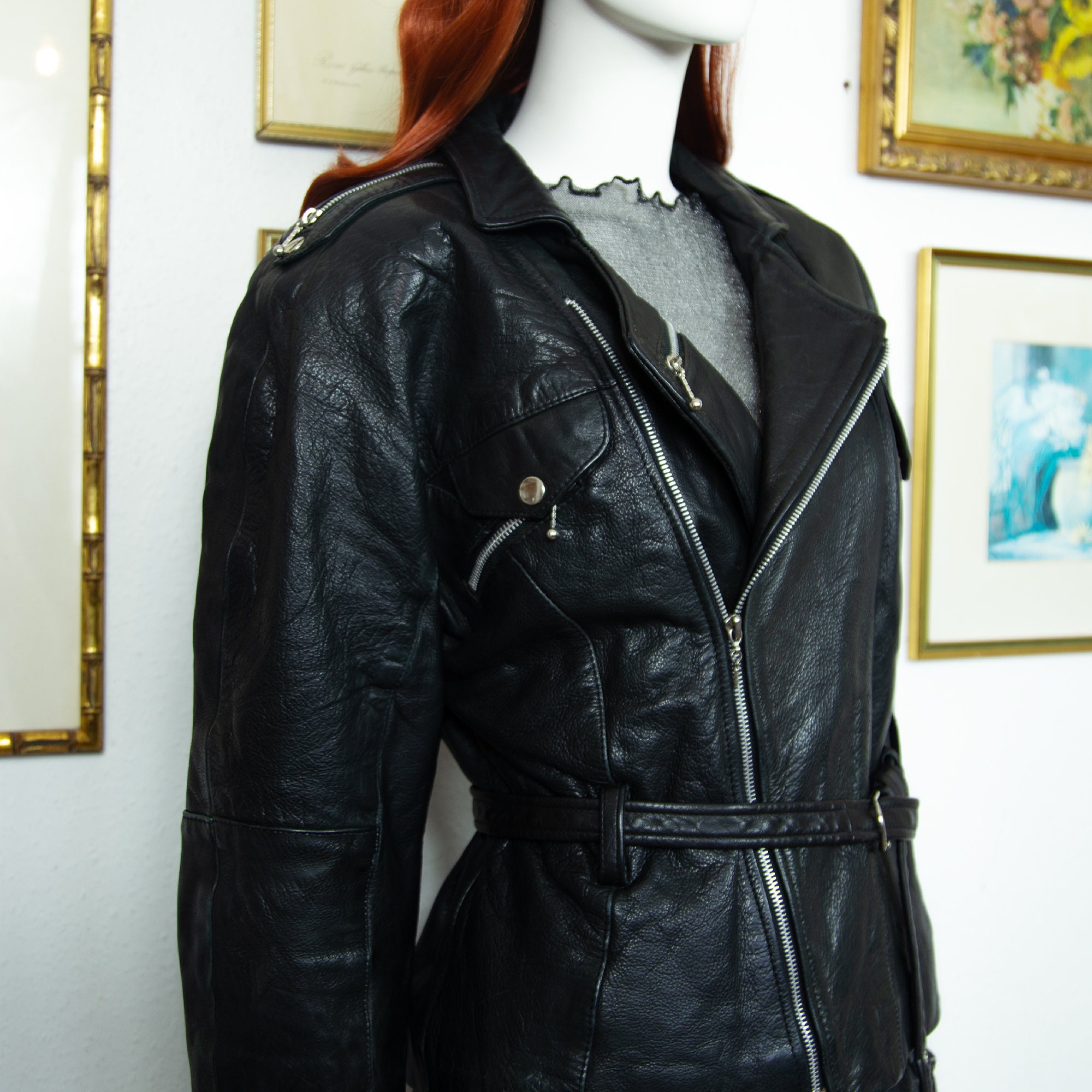 Vintage 1980s Black Real Leather Cinched Jacket With Belt Vintage 1980s Black Real Leather Cinched Jacket With Belt