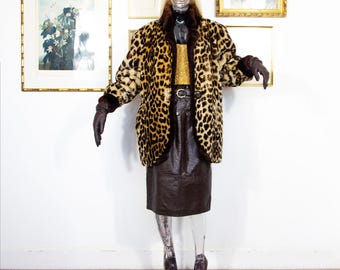 Vintage 1980s Leopard Print Faux Fur Coat Oversized Brown Contrast Trim Size M