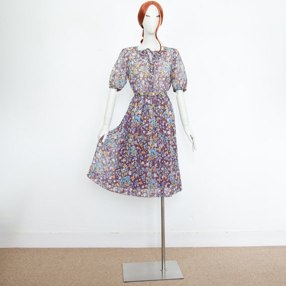 Vintage 80s Purple Floral Midi Chiffon Skater Dress Fit Flare Short Puffed Sleeves Size M UK 12 14 Etsy UK