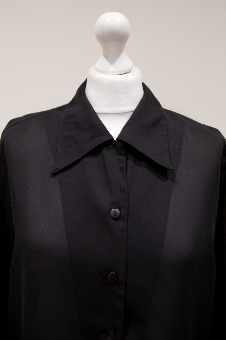 Vintage 90s Black Sheer Blouse Big Straight Collar Button Up Lateral Slit Size L