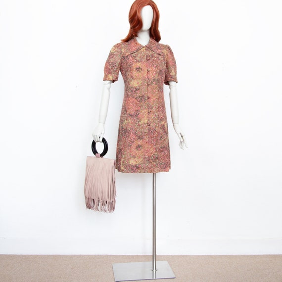 Vintage 60s Pink Brown Floral Embroidery Midi Tra… - image 1