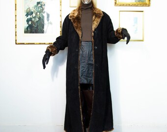 Vintage 90s Suede Faux Fur Trim Coat Maxi Boho Western Style UK 12/14