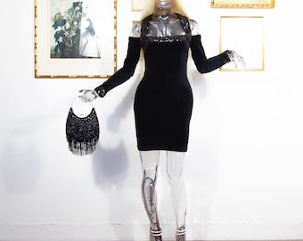 Vintage 1980s Black Velvet Sequin Off Shoulder Bodycon Dress UK 8