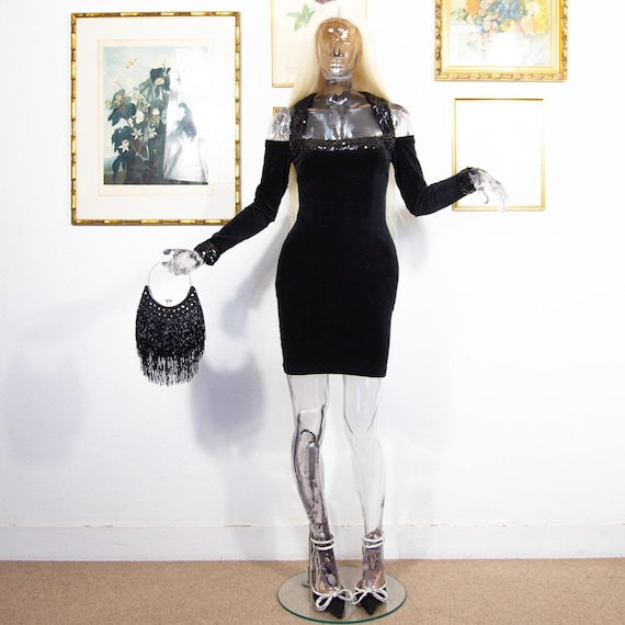 Vintage 1980s Black Velvet Sequin Off Shoulder Bodycon Dress UK 8