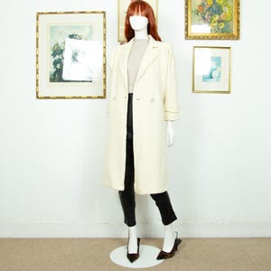 Vintage 1980s Cream White Wool Blend Double Breasted Overcoat With Puffed Shoulders Size M