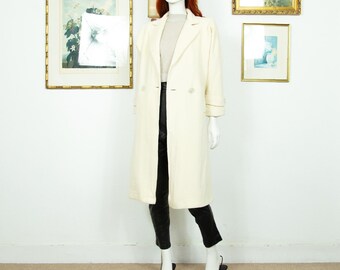 Vintage 1980s Cream White Wool Blend Double Breasted Overcoat With Puffed Shoulders Size M