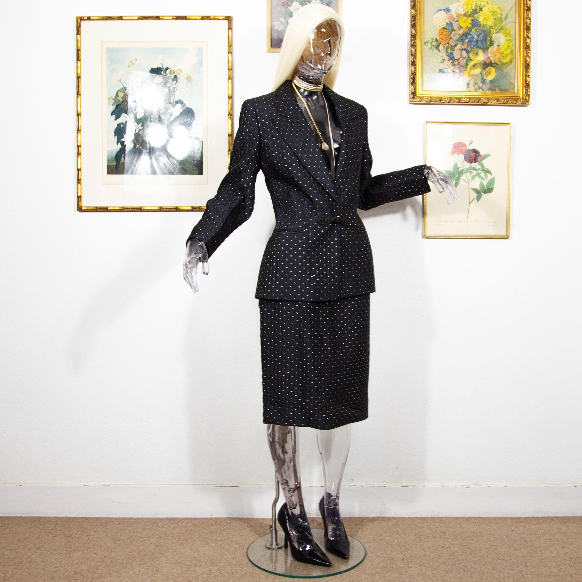 Vintage 1980s Valentino Miss V Quilted Silk Suit | Black Gold