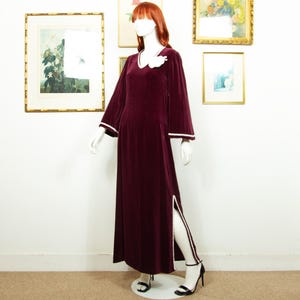 Vintage 1970s Burgundy Maxi Velvet Dress A Line Bell Sleeves Boho Size M UK 12