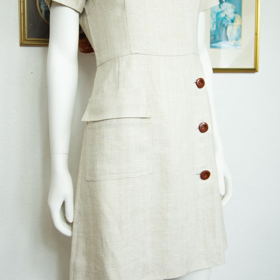 Vintage 1960s Off White Linen Mini Dress Short Sl… - image 5