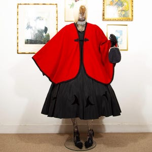 Vintage 1960s Red Wool Cape Black Frog Closure & Trim One Size Fit Most