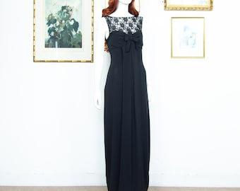 Vintage 1990s Black Maxi Evening Dress Lace Sleeveless Front Bow Size S UK 10