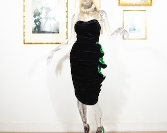 Vintage 1980s Black Velvet and Green Satin Strapless Cocktail Dress UK 8 Small