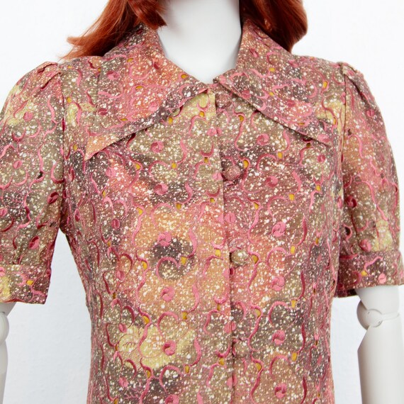 Vintage 60s Pink Brown Floral Embroidery Midi Tra… - image 4