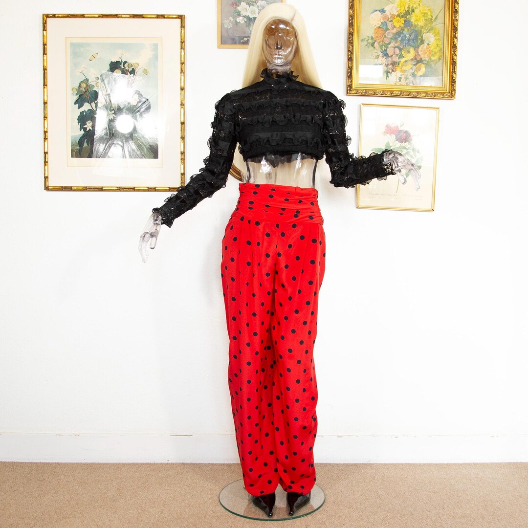 Vintage 1980s Dior Silk Polka Dot Trousers Red High Waist Wide Leg