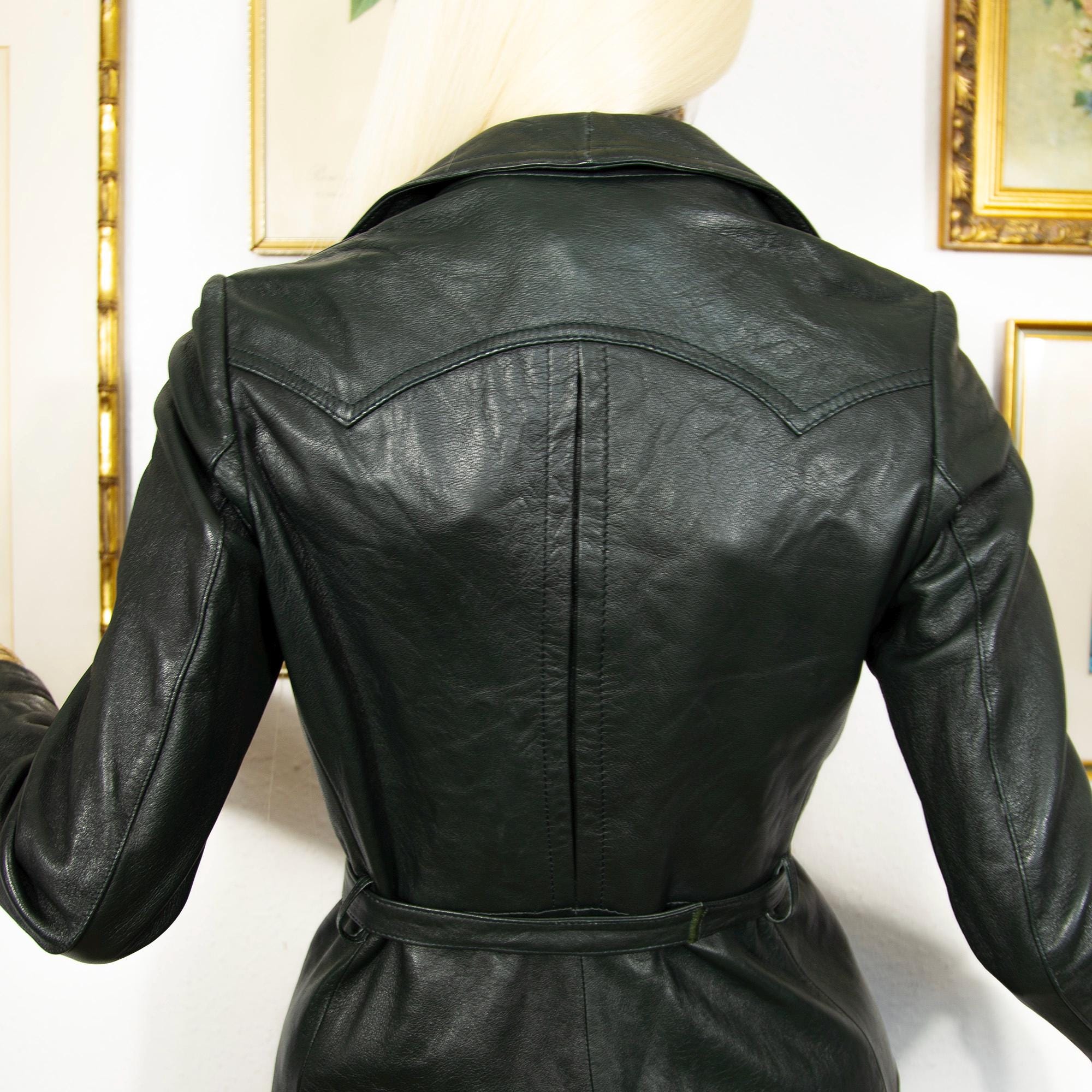 ジャケット・アウター 70s archive nappa leather jacket vintage Vintage 1970s Forest Green Leather Jacket Tailored Belted A-line