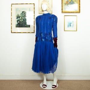 Vintage 80s Oleg Cassini Cobalt Blue Silk Sequin Evening Dress - UK 12