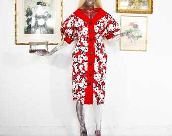 Completo vintage anni '80 con gonna a fiori, maniche a sbuffo rosse, in cotone, taglia S (UK 8).