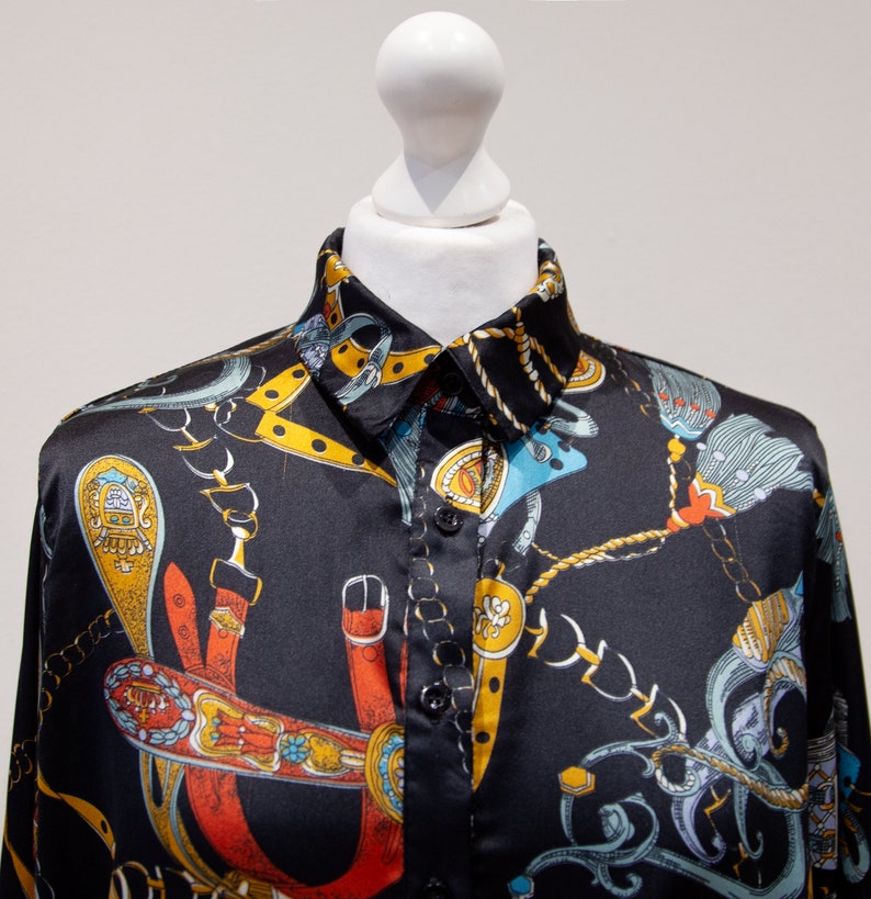 Vintage 80s Baroque Print Black Blouse Oversized Long Button Up Size L