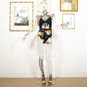 Vintage 1990s Black Floral Swimsuit One Piece Cut Out Size S