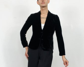 Vintage 90s Black Velvet Blazer Single Breasted Fitted Waist Size M UK 12