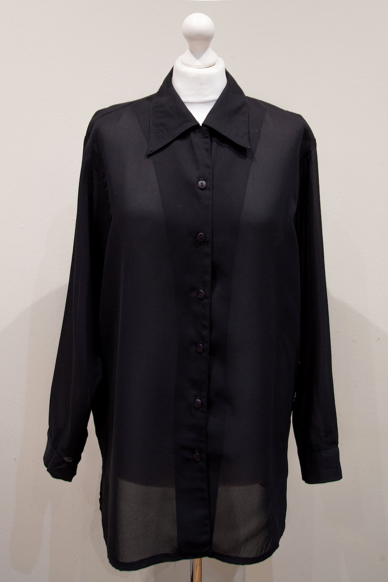 Vintage 90s Black Sheer Blouse Big Straight Collar Button Up Lateral Slit Size L